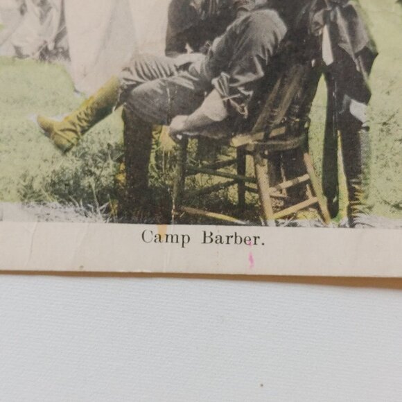 Antique Stereograph Card "Camp Barber" Troops Military World War - Picture 2 of 3